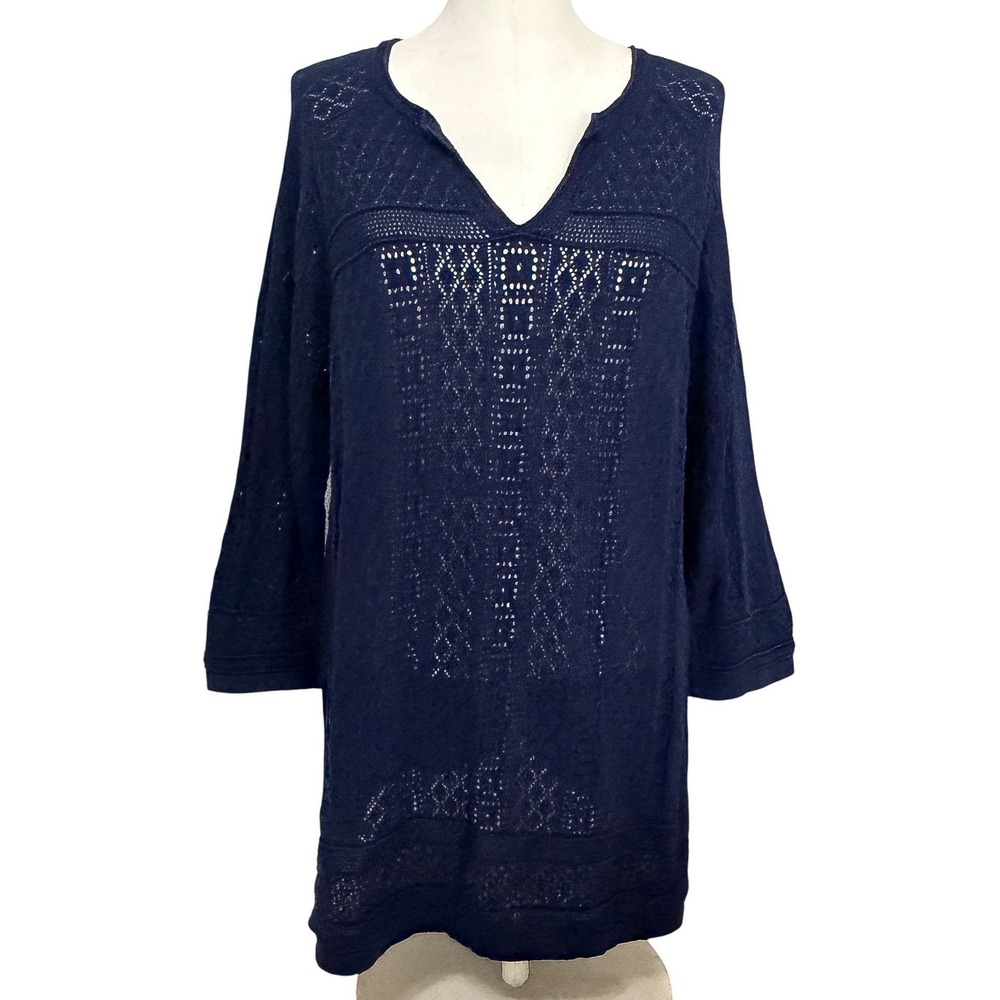 Chicos Navy Blue Cotton Pointelle Knit Tunic Top Split Neck Size 2 Large